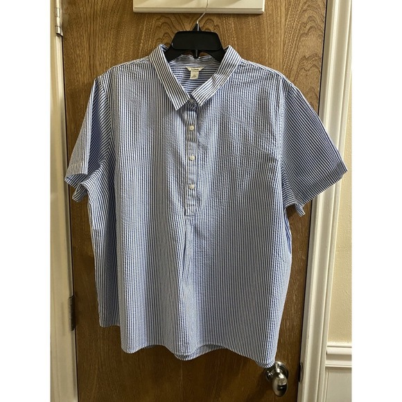 LL Bean Women's Vacationland Seersucker Shirt Short-Sleeve White Blue Stripe 1X - Picture 1 of 10